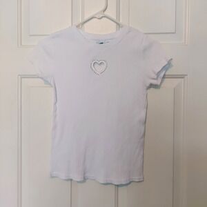 Extremely Me White Ribbed Baby Tee Heart Cutout Rhinestone SZ 14 Girls Women XS